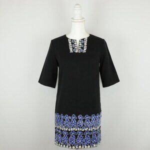 Suno Women's Size 0 Black Blue Embroidered Cotton Short Sleeve Mini Shift Dress